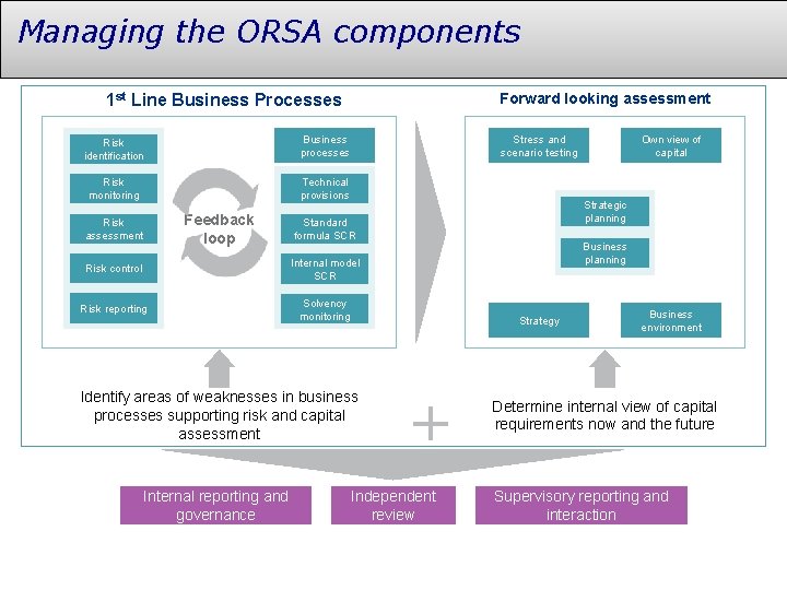 Managing the ORSA components Forward looking assessment 1 st Line Business Processes Risk identification