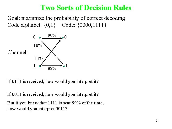 Two Sorts of Decision Rules Goal: maximize the probability of correct decoding Code alphabet: