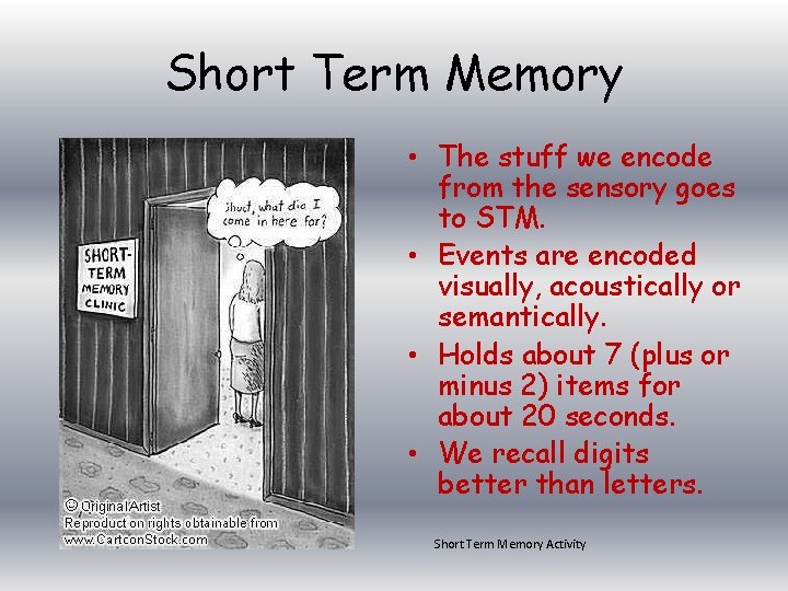 Short Term Memory • The stuff we encode from the sensory goes to STM.