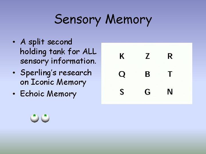 Sensory Memory • A split second holding tank for ALL sensory information. • Sperling’s