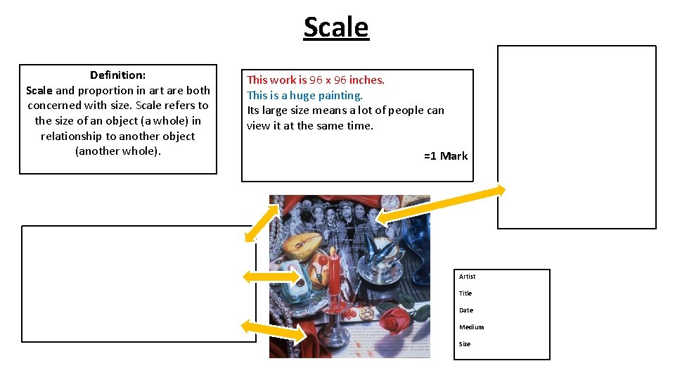Scale Definition: Scale and proportion in art are both concerned with size. Scale refers
