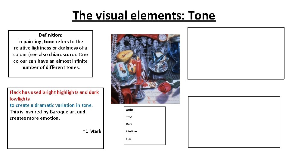 The visual elements: Tone Definition: In painting, tone refers to the relative lightness or