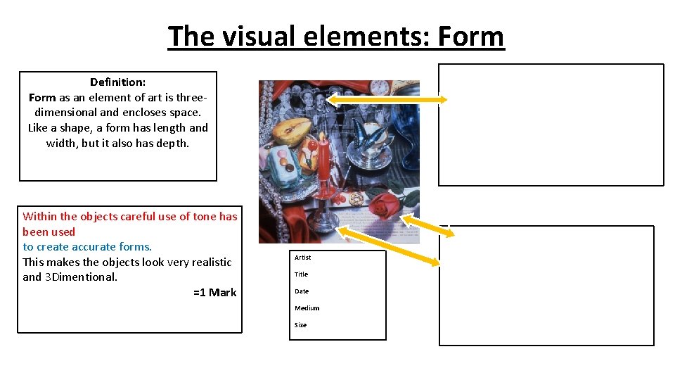 The visual elements: Form Definition: Form as an element of art is threedimensional and