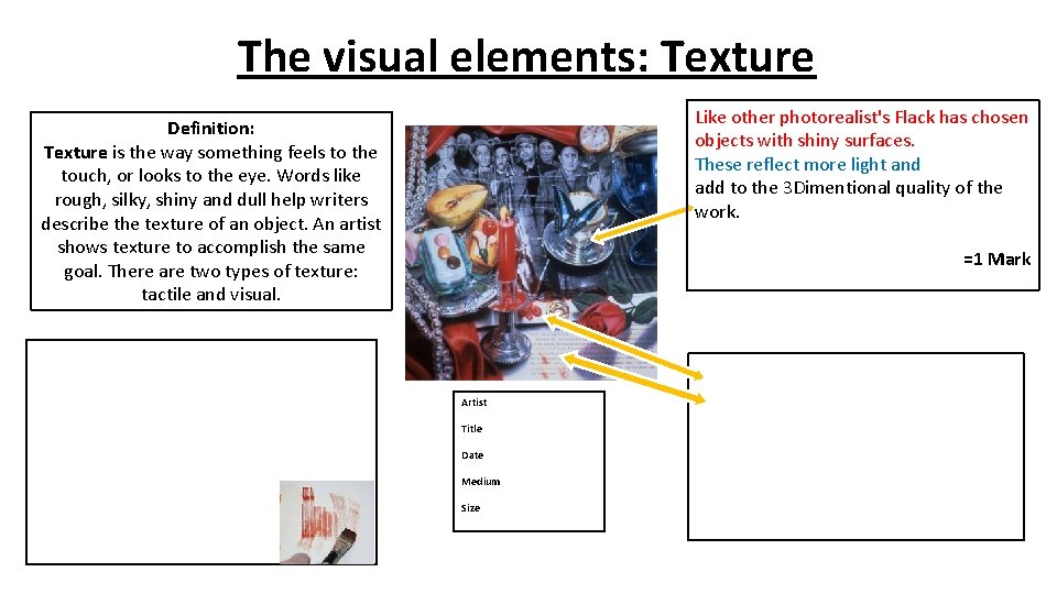 The visual elements: Texture Like other photorealist's Flack has chosen objects with shiny surfaces.