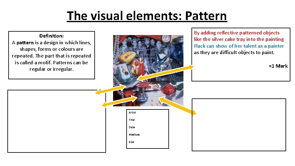The visual elements: Pattern By adding reflective patterned objects like the silver cake tray