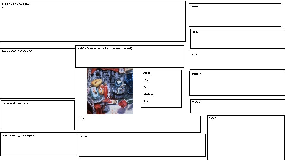 Subject matter/ imagery. Colour Tone Composition/ arrangement Style/ influence/ inspiration (continued overleaf) Line Artist