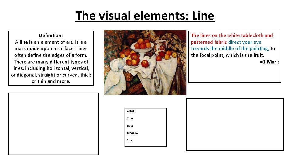 The visual elements: Line The lines on the white tablecloth and patterned fabric direct