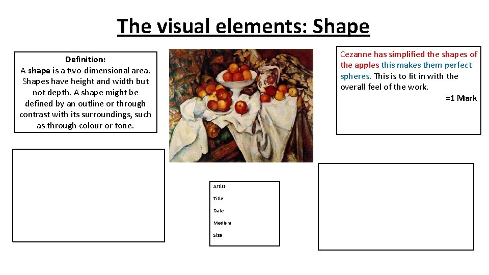 The visual elements: Shape Cezanne has simplified the shapes of the apples this makes