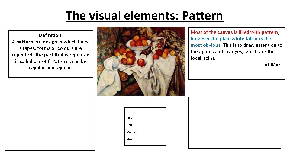 The visual elements: Pattern Most of the canvas is filled with pattern, however the