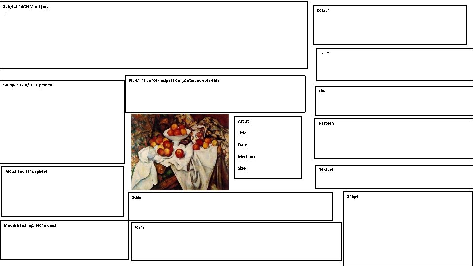 Subject matter/ imagery. Colour Tone Composition/ arrangement Style/ influence/ inspiration (continued overleaf) Line Artist