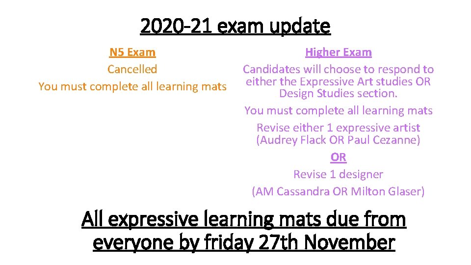 2020 -21 exam update N 5 Exam Cancelled You must complete all learning mats