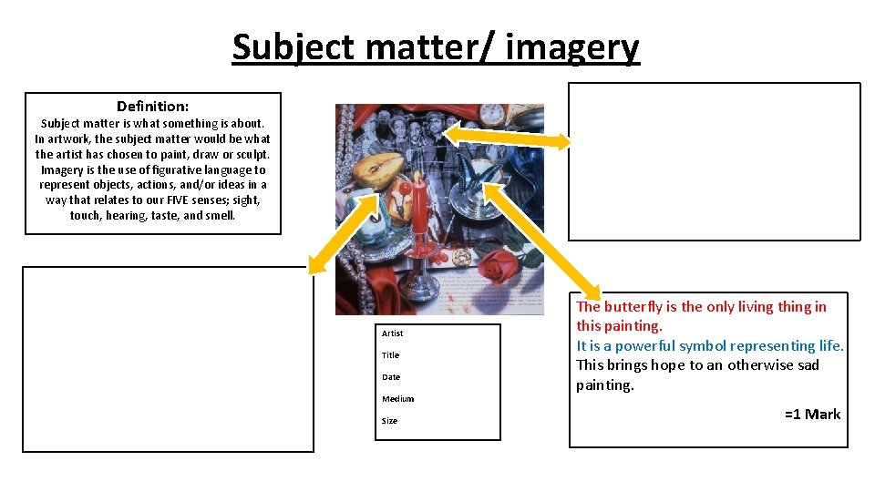 Subject matter/ imagery Definition: Subject matter is what something is about. In artwork, the