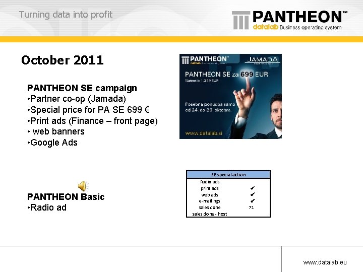 Turning data into profit October 2011 PANTHEON SE campaign • Partner co-op (Jamada) •