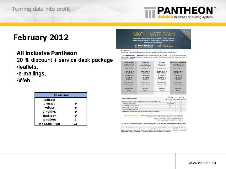 Turning data into profit February 2012 All inclusive Pantheon 20 % discount + service