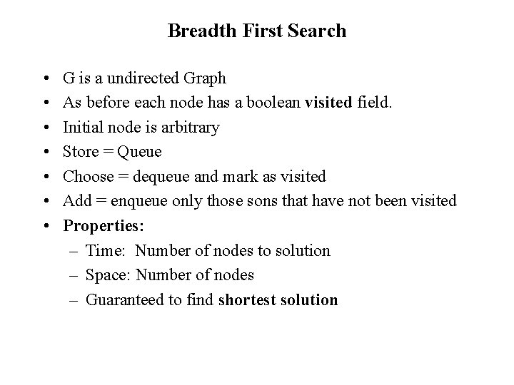 Breadth First Search • • G is a undirected Graph As before each node