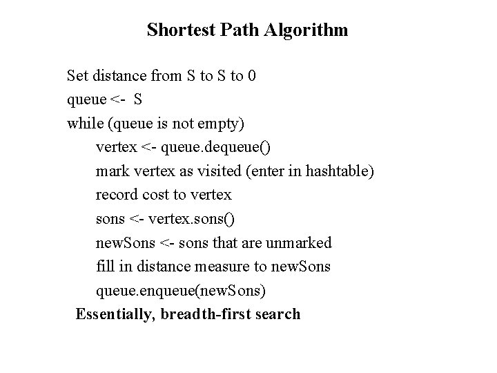 Shortest Path Algorithm Set distance from S to 0 queue <- S while (queue