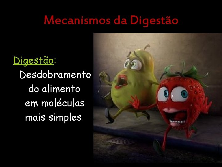 Mecanismos da Digestão: Desdobramento do alimento em moléculas mais simples. 