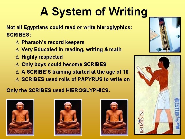 A System of Writing Not all Egyptians could read or write hieroglyphics: SCRIBES: ∆