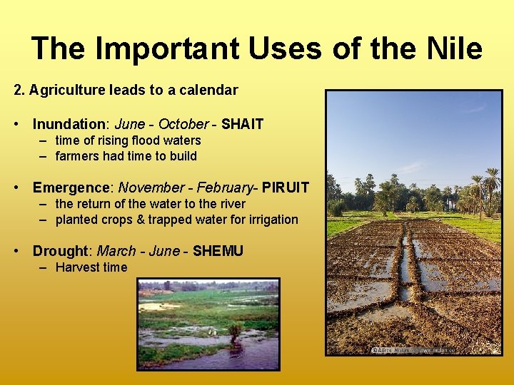 The Important Uses of the Nile 2. Agriculture leads to a calendar • Inundation: