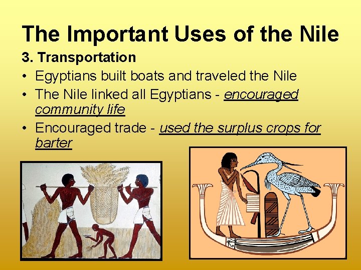 The Important Uses of the Nile 3. Transportation • Egyptians built boats and traveled