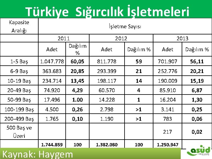 Türkiye Sığırcılık İşletmeleri Türkiye Sığırcılık işletmeleri Türkiye Sığırcılık İşletmeleri Kapasite Aralığı 1 -5 Baş