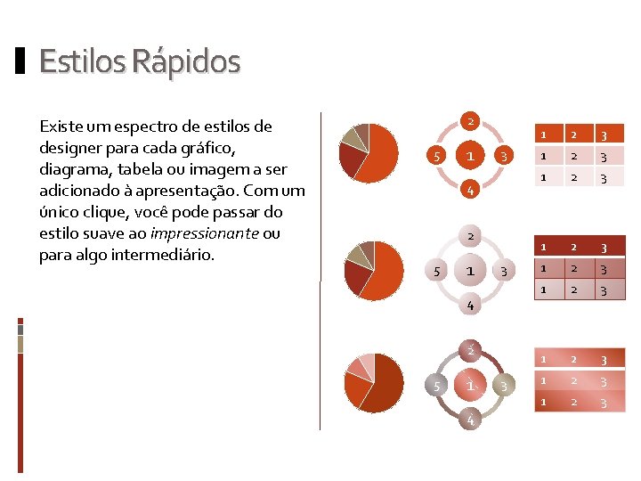 Estilos Rápidos Existe um espectro de estilos de designer para cada gráfico, diagrama, tabela Estilos Rápidos Existe um espectro de estilos de designer para cada gráfico, diagrama, tabela