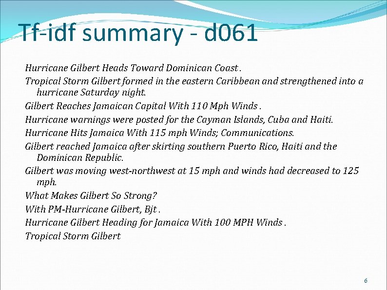 Tf-idf summary - d 061 Hurricane Gilbert Heads Toward Dominican Coast. Tropical Storm Gilbert