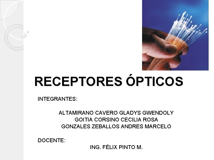 RECEPTORES ÓPTICOS INTEGRANTES: ALTAMIRANO CAVERO GLADYS GWENDOLY GOITIA CORSINO CECILIA ROSA GONZALES ZEBALLOS ANDRES