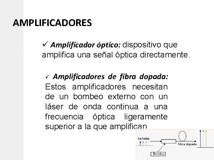 AMPLIFICADORES ü Amplificador óptico: dispositivo que amplifica una señal óptica directamente. Amplificadores de fibra