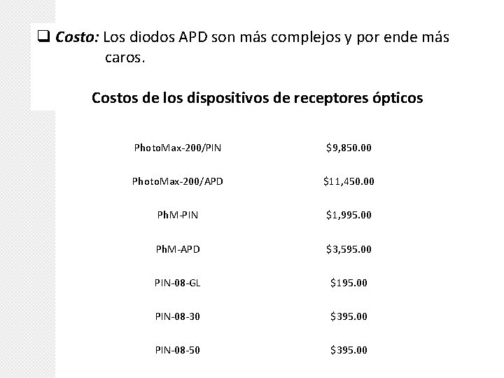 q Costo: Los diodos APD son más complejos y por ende más caros. Costos