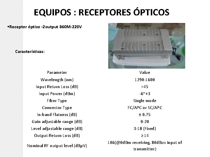 EQUIPOS : RECEPTORES ÓPTICOS • Receptor óptico -2 output 860 M-220 V Características: Parameter
