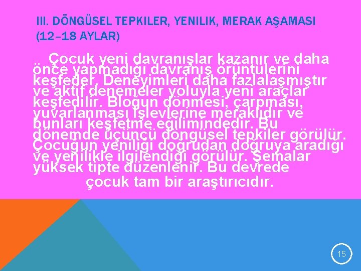 III. DÖNGÜSEL TEPKILER, YENILIK, MERAK AŞAMASI (12– 18 AYLAR) Çocuk yeni davranışlar kazanır ve