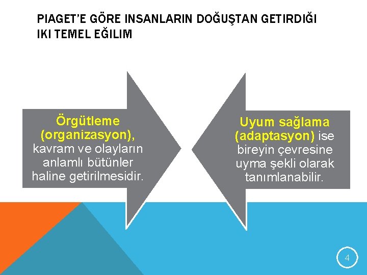 PIAGET’E GÖRE INSANLARIN DOĞUŞTAN GETIRDIĞI IKI TEMEL EĞILIM Örgütleme (organizasyon), kavram ve olayların anlamlı