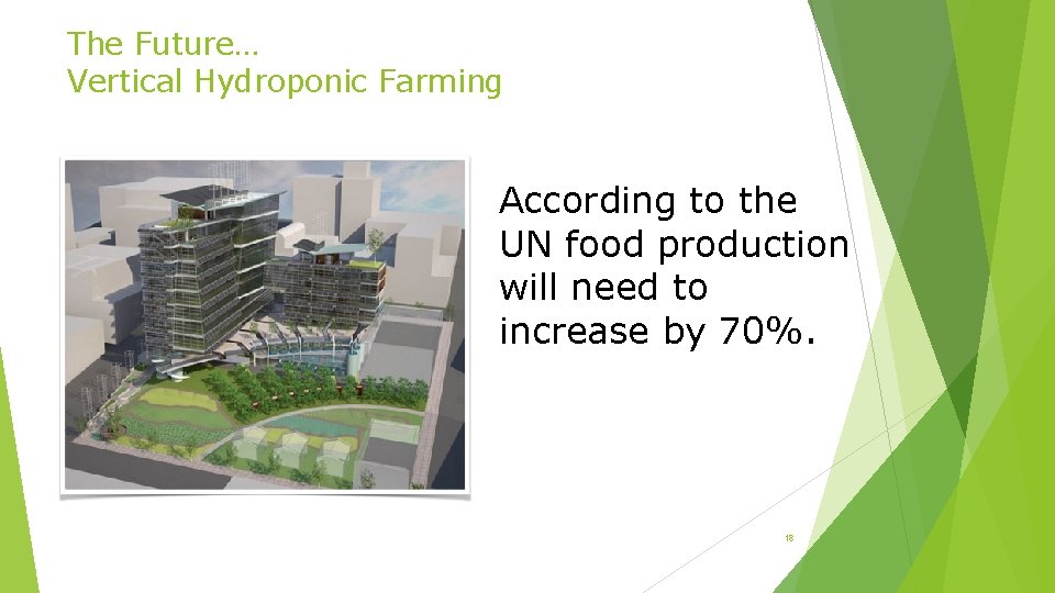 The Future… Vertical Hydroponic Farming According to the UN food production will need to