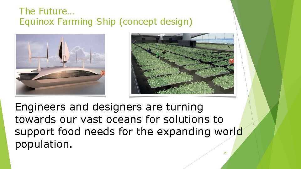 The Future… Equinox Farming Ship (concept design) Engineers and designers are turning towards our