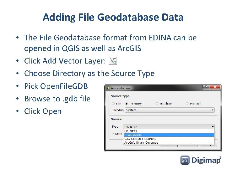 Adding File Geodatabase Data • The File Geodatabase format from EDINA can be opened