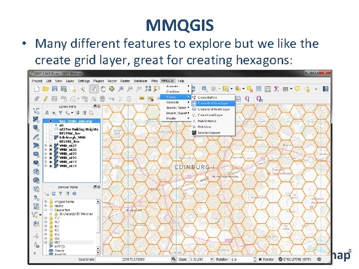 MMQGIS • Many different features to explore but we like the create grid layer,
