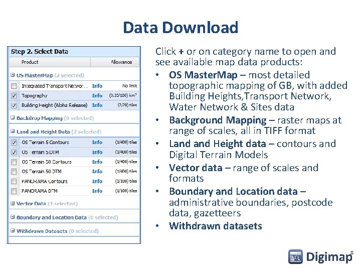 Data Download Click + or on category name to open and see available map