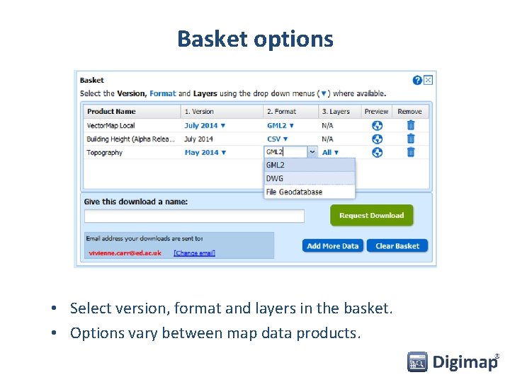 Basket options • Select version, format and layers in the basket. • Options vary