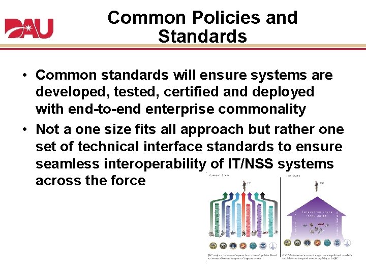 Common Policies and Standards • Common standards will ensure systems are developed, tested, certified Common Policies and Standards • Common standards will ensure systems are developed, tested, certified