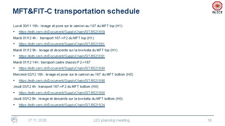 MFT&FIT-C transportation schedule Lundi 30/11 16 h : levage et pose sur le camion