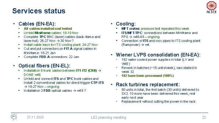 Services status • Cables (EN-EA): • • Cooling: All cables installed and tested Unfold