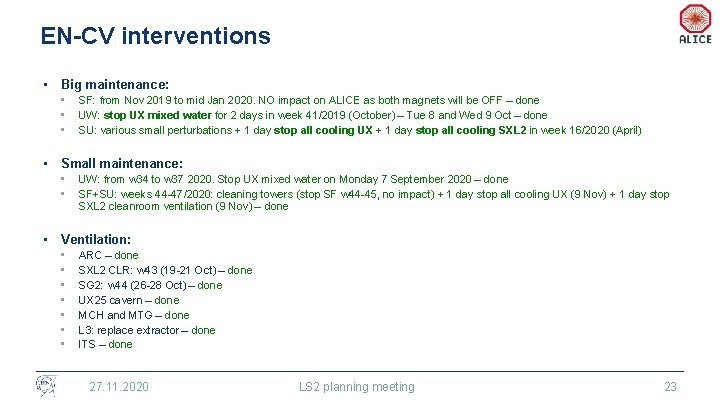 EN-CV interventions • Big maintenance: • • • SF: from Nov 2019 to mid