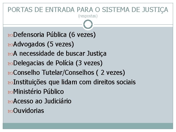 PORTAS DE ENTRADA PARA O SISTEMA DE JUSTIÇA (respostas) Defensoria Pública (6 vezes) Advogados