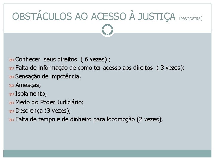 OBSTÁCULOS AO ACESSO À JUSTIÇA (respostas) Conhecer seus direitos ( 6 vezes) ; Falta