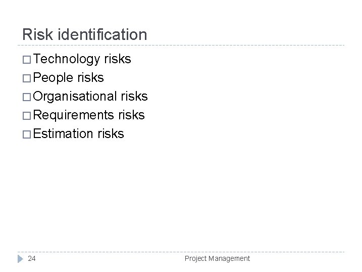 Risk identification � Technology risks � People risks � Organisational risks � Requirements risks