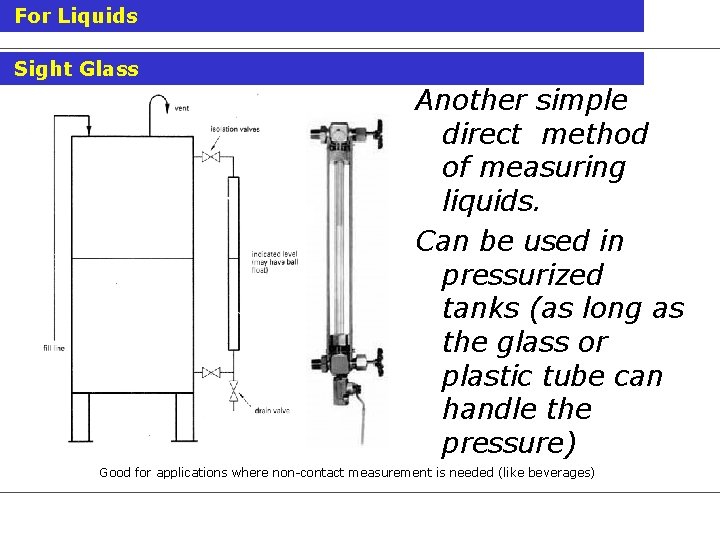 For Liquids Sight Glass Another simple direct method of measuring liquids. Can be used