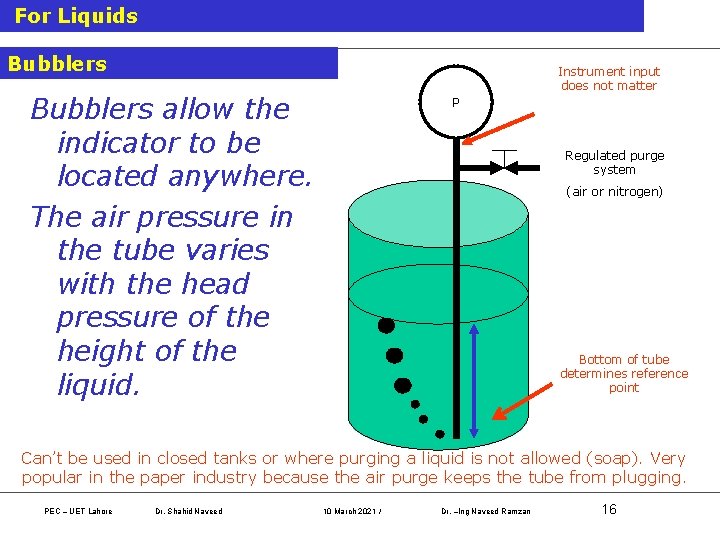 For Liquids Bubblers Instrument input does not matter Bubblers allow the indicator to be