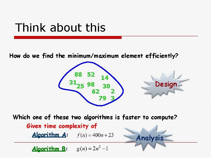 Think about this How do we find the minimum/maximum element efficiently? 88 52 14