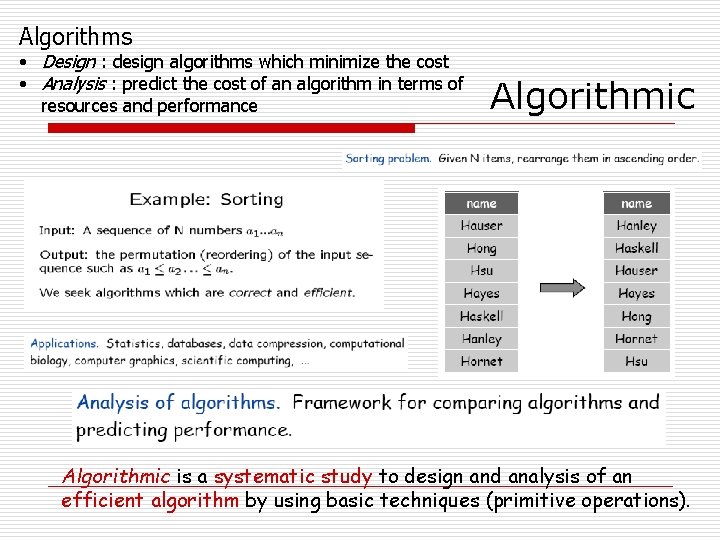 Algorithms • Design : design algorithms which minimize the cost • Analysis : predict